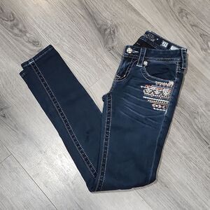 Miss Me Rhinestone Aztec Embroidered Signature Skinny Dark Jeans